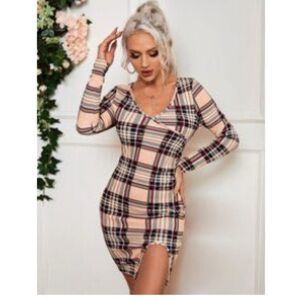 SHEIN Pink and Black Long Sleeve Bodycon Dress